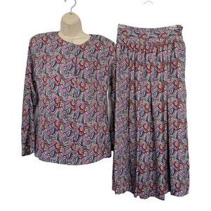 Vintage 90s TAHARI Woman's Sz 2 100% Silk Blouse & Skirt Set Pink Blue Geometric